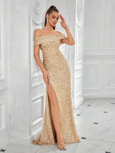ADYCE Glitter Off-Shoulder Ruched Front Slit Party Prom Dress